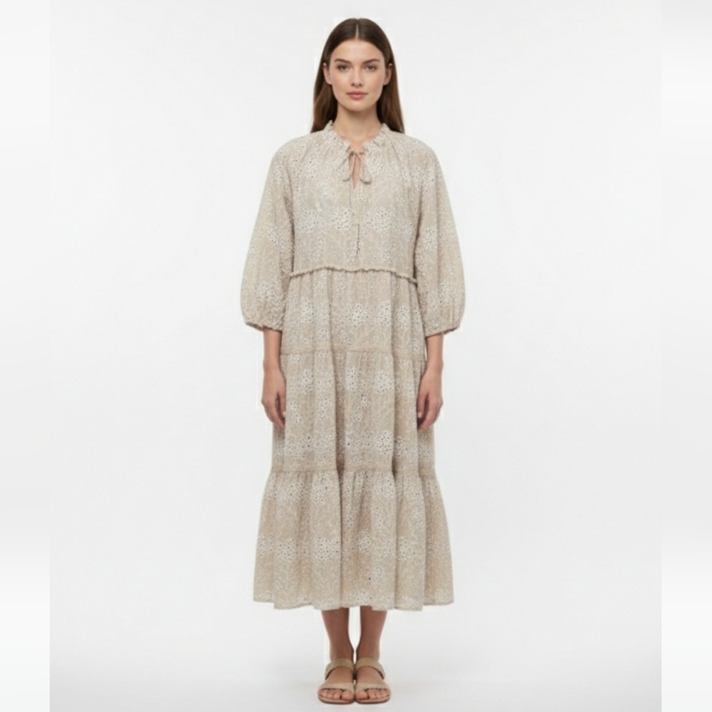 Chico's Tan  Floral Eyelet Maxi Dress Cottage Prairie Boho Tiered Festival S